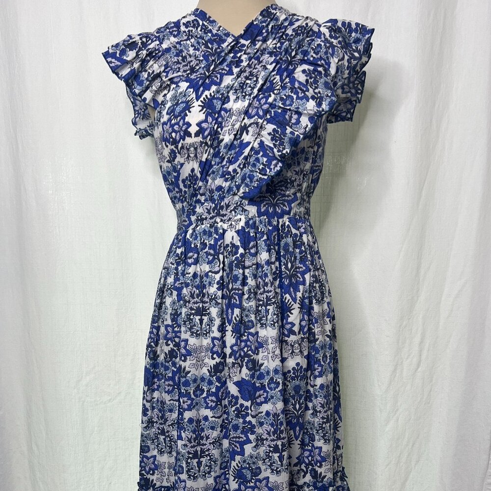 Anna Cate Blue Floral Print Maxi Dress Multi-Layer Ruffle Skirt Cotton Size M